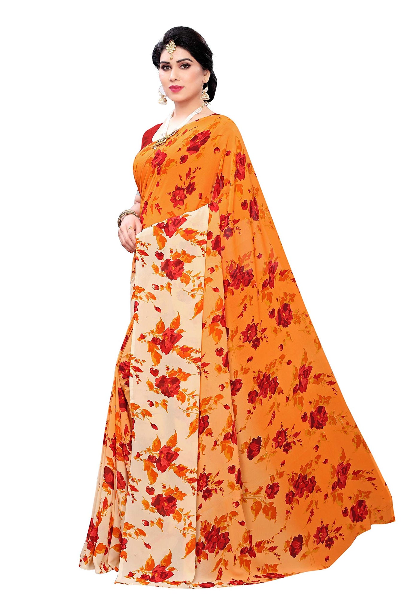 Gosriki Women'S Orange Georgette Printed Saree With Blouse Piece (Vanila Orange_Free Size),Orange,,B08HGFNMBL