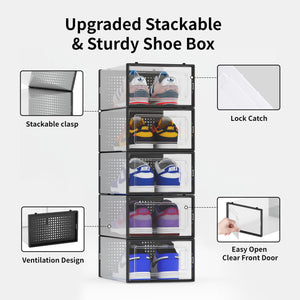12 Pack Shoe Storage Bins, Clear Plastic Stackable Shoe Organizer for Closet, Space Saving Foldable Shoe Rack, Shoe Box Sneaker