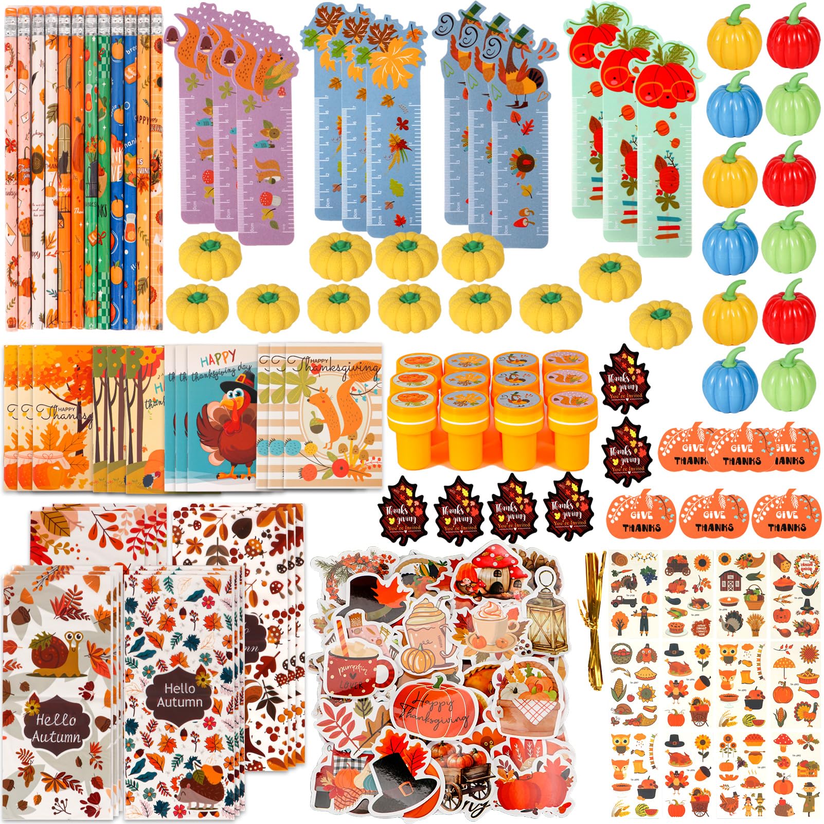 Atonofun 158 Pcs Thanksgiving Party Favors, Thanksgiving Stationery Set with Mini Notebook Stampers Pencils Erasers Tattoo Stick