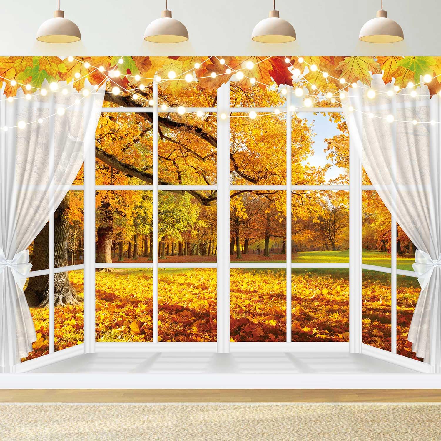 Autumn Window Photography Backdrop 10x8FT White Curtains Fall Forest Scene Background Autumn Thanksgiving Party Decorations Supp