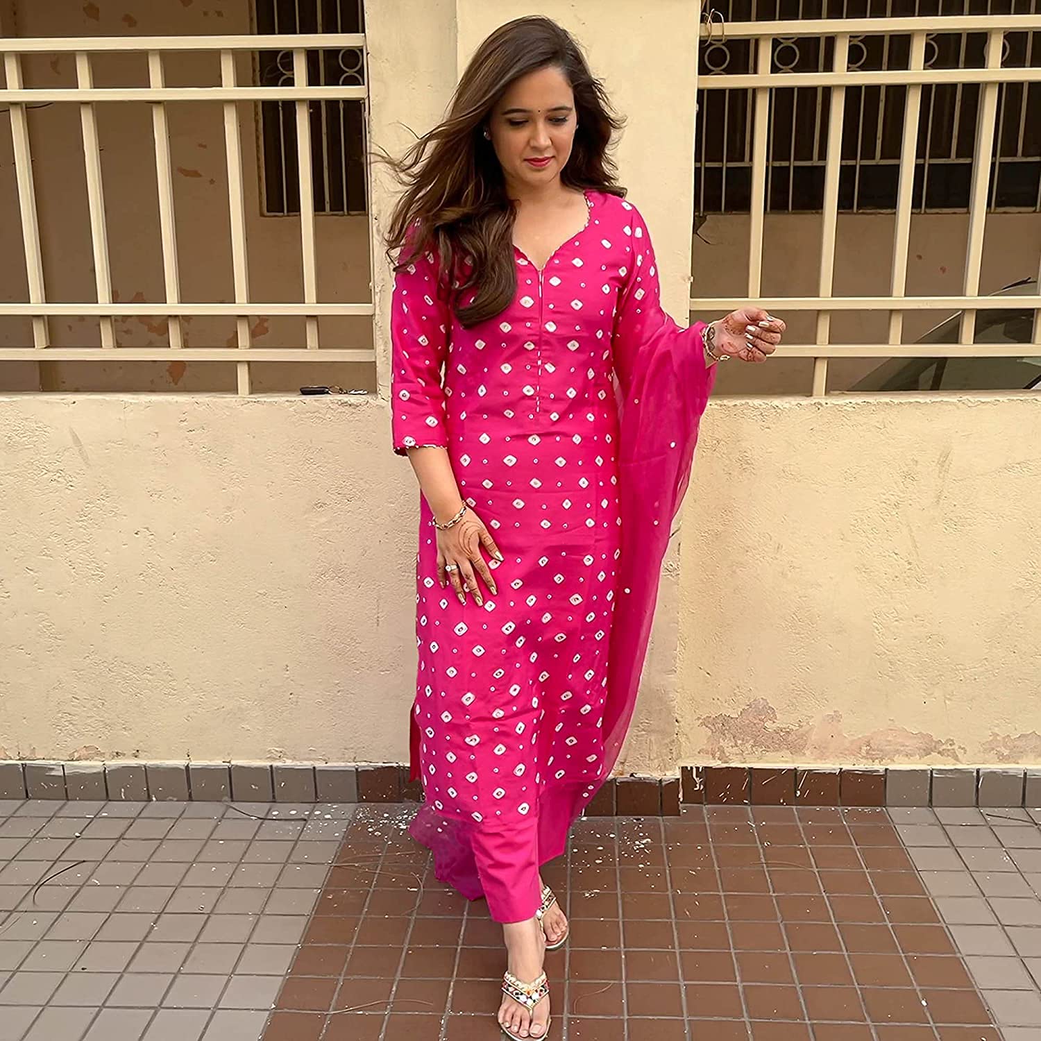 Gosriki Women'S Rayon Printed Kurta With Palazzo And Dupatta (Railing Pink_M_Pink_Medium),Pink,,B098QPWYVF