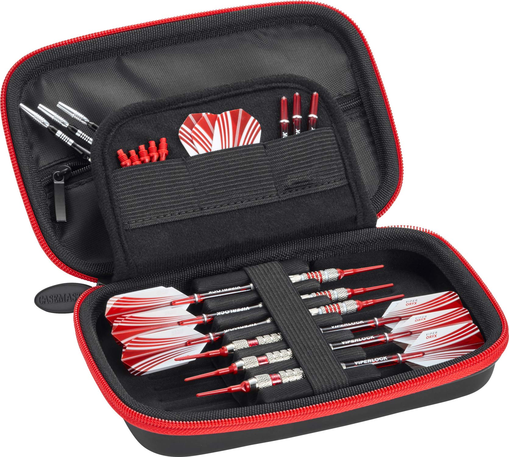 Casemaster Sentinel 6 Dart Case, Holds Extra Accessories, Tips, Shafts And Flights, Compatible With Steel Tip And Soft Tip Darts, Impact & Water Resistant Tactech Shell, Red Zipper
