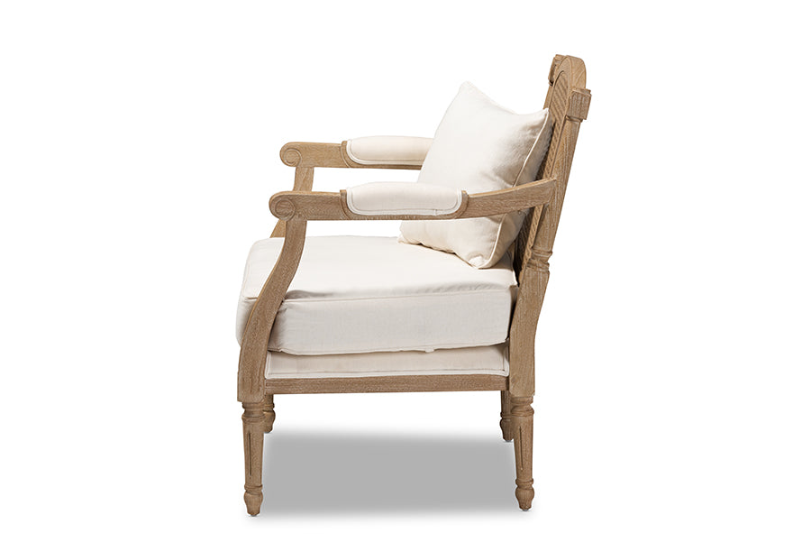 Baxton Studio Clemence French Provincial Ivory Fabric Upholstered Whitewashed Wood Armchair