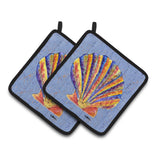 Caroline'S Treasures Scalloped Shell On Blue Pair Of Pot Holders 8525Pthd, 7.5Hx7.5W, Multicolor