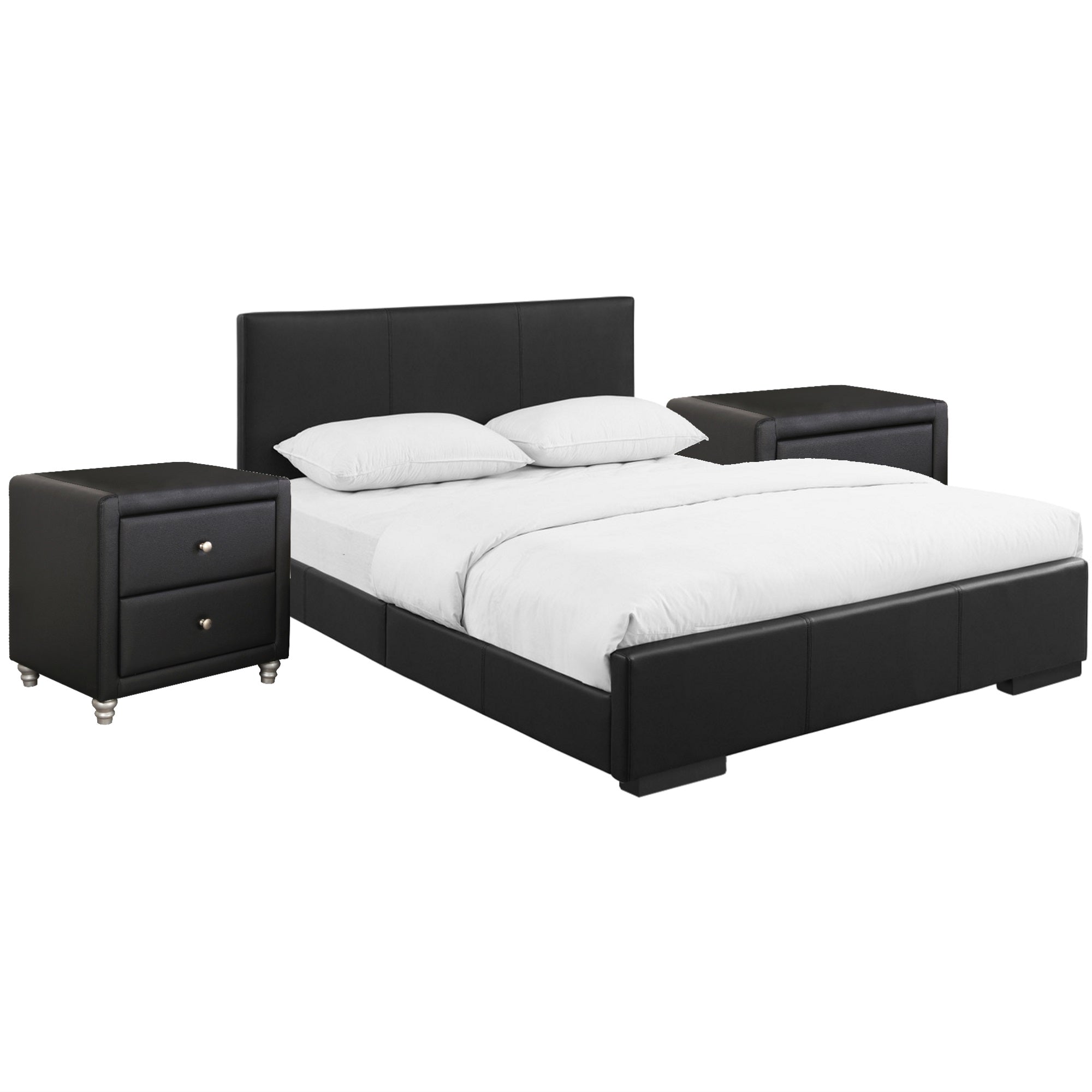 Hindes Upholstered Platform Bed, Black, King With 2 Nightstands