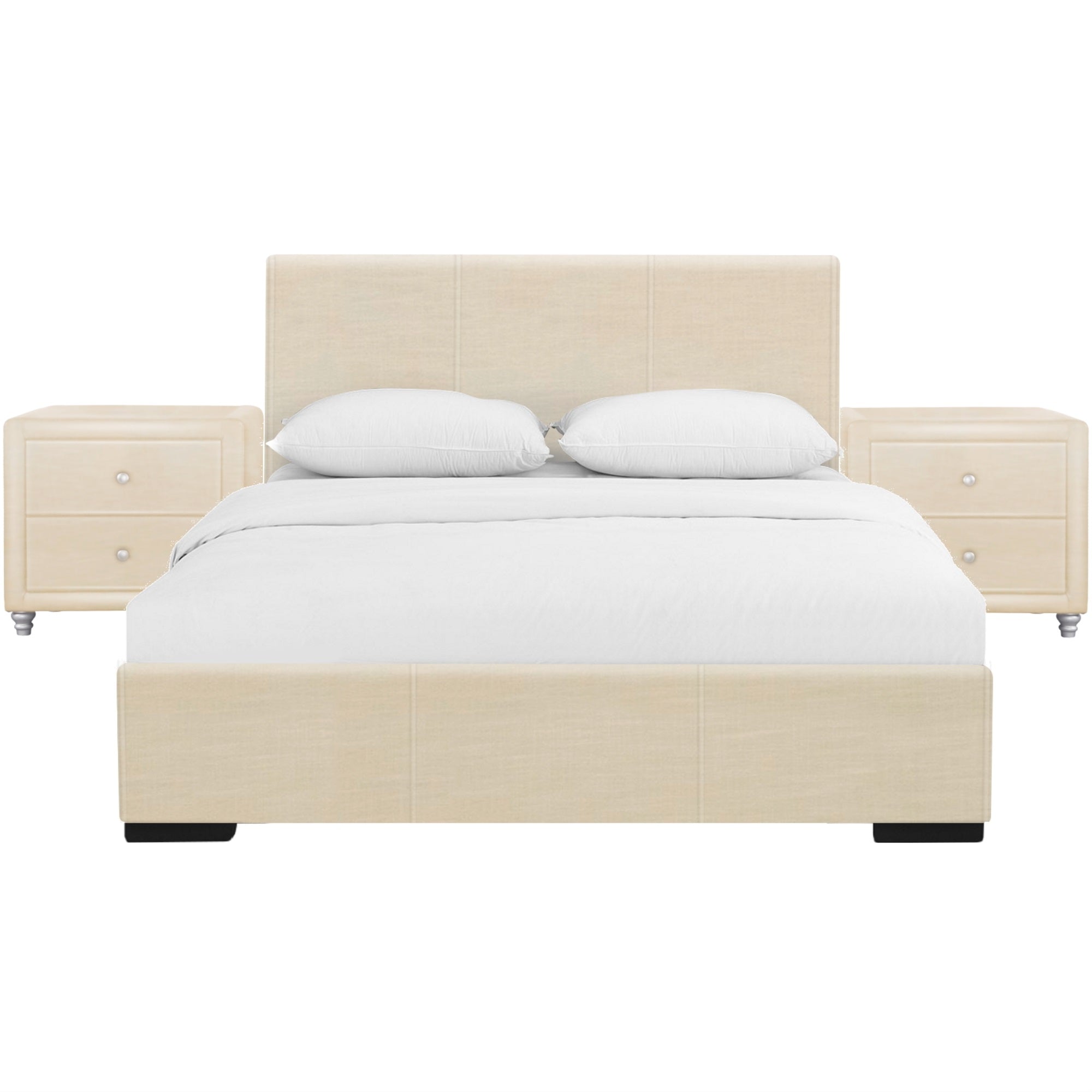 Hindes Upholstered Platform Bed, Beige, King With 2 Nightstands