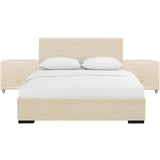 Hindes Upholstered Platform Bed, Beige, King With 2 Nightstands
