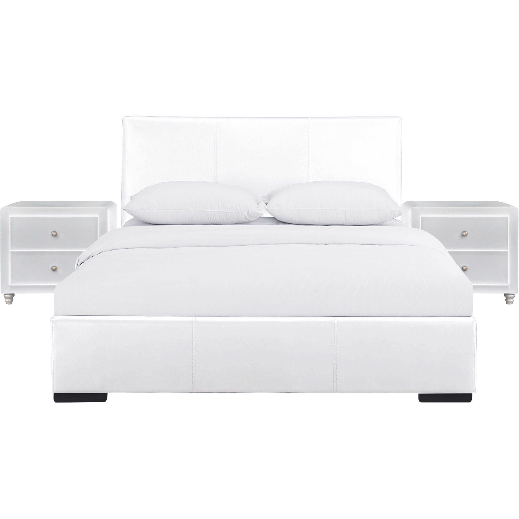 Hindes Upholstered Platform Bed, White, King With 2 Nightstands