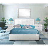 Hindes Upholstered Platform Bed, White, King With 2 Nightstands