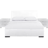 Hindes Upholstered Platform Bed, White, King With 2 Nightstands