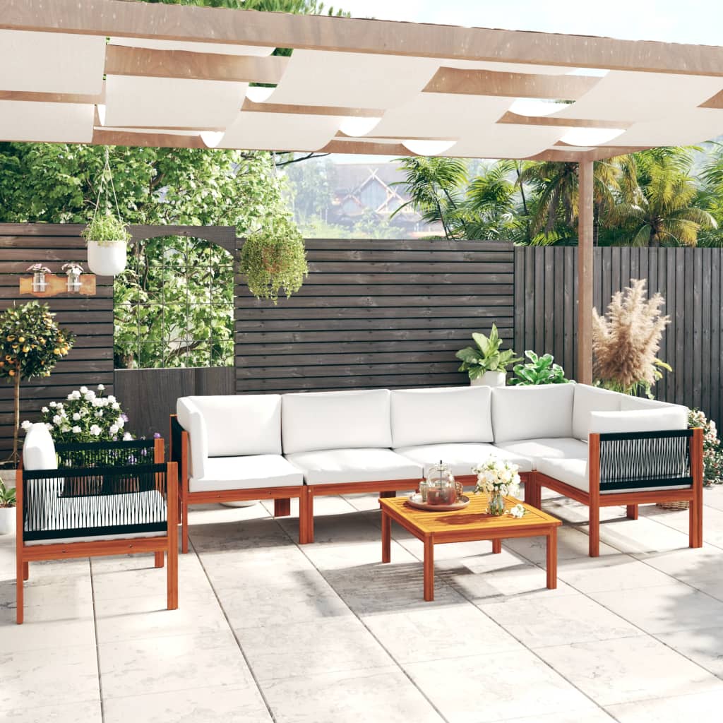 Vidaxl Patio Lounge Set, 7-Piece Outdoor Furniture With Cushions, Cream Solid Acacia Wood, Weather-Resistant, Includes Corner And Middle Sofas, Armchair And Table