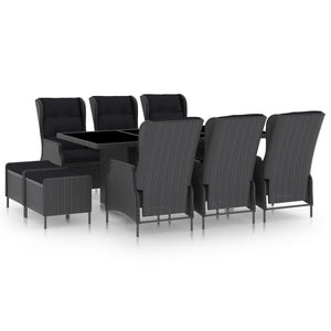Vidaxl Patio Dining Set 9 Piece, Patio Dining Table Set With Glass Tabletop, Rattan Chairs With Cushions, Outdoor Furniture Set, Modern, Dark Gray