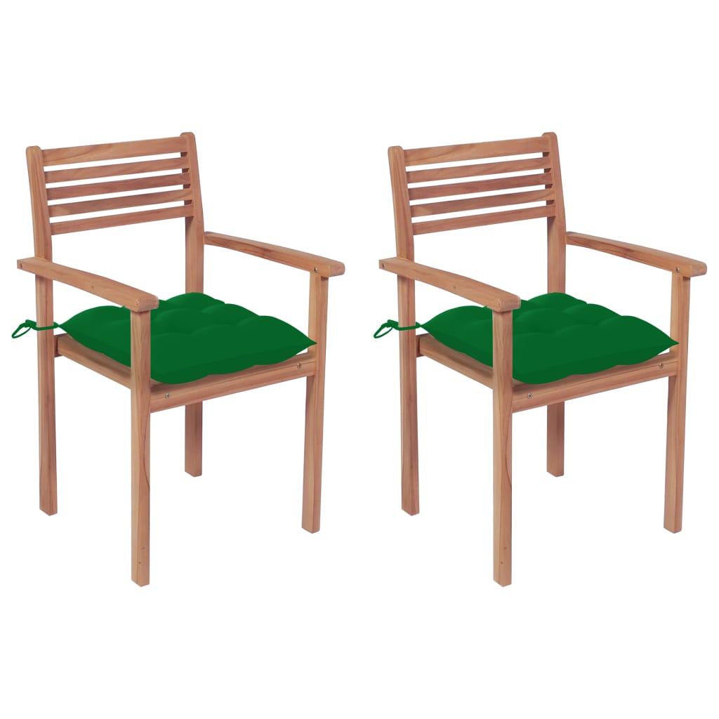 Vidaxl Solid Teak Wood Patio Chairs - Durable And Weather-Resistant Outdoor Furniture With Green Cushions, Stackable For Easy Storage - Ideal For Home, Office, Café