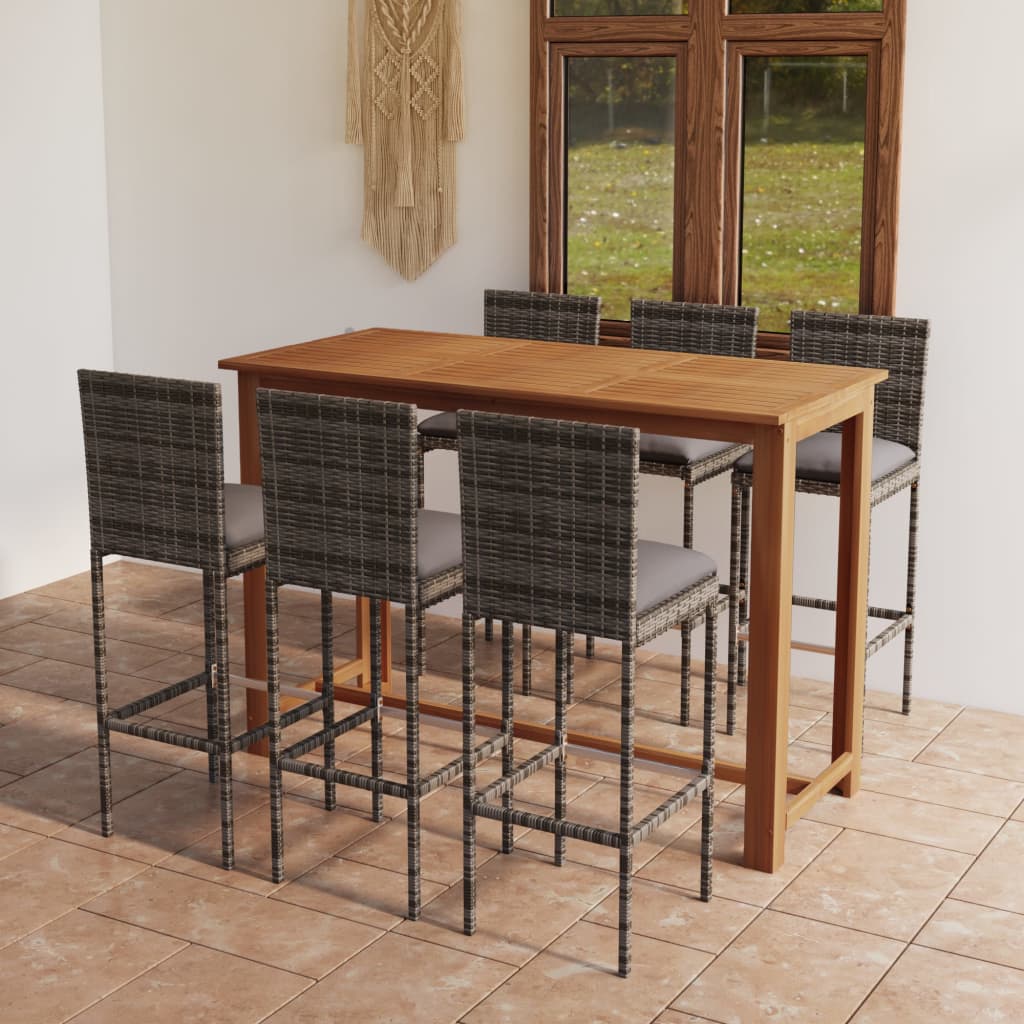 Vidaxl Patio Bar Set, 7-Piece Outdoor Furniture With Stools And Table, Solid Acacia Wood With Oil Finish, Gray Poly Rattan Chairs With Cushions, Garden, Terrace, Farmhouse Style