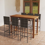Vidaxl Patio Bar Set, 7-Piece Outdoor Furniture With Stools And Table, Solid Acacia Wood With Oil Finish, Gray Poly Rattan Chairs With Cushions, Garden, Terrace, Farmhouse Style