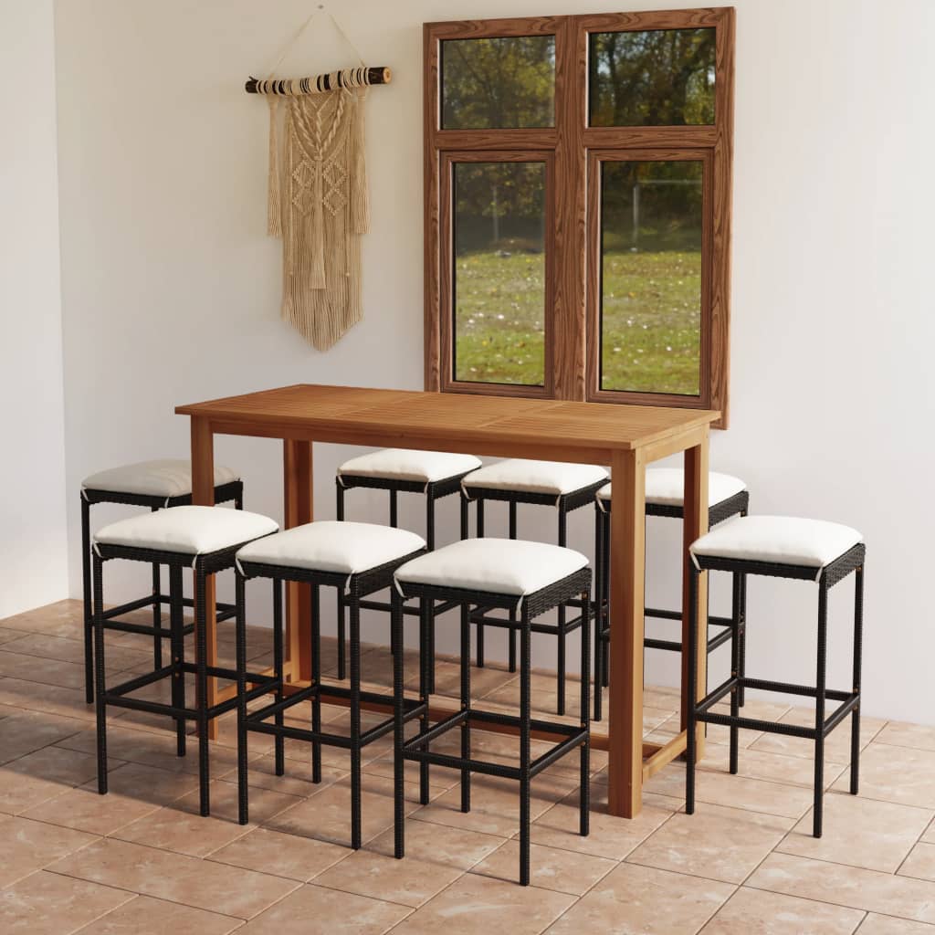 Vidaxl 9 Piece Garden Patio Bar Set With Cushions - Solid Acacia Wood Table & Poly Rattan Bar Stools - Black & Cream Outdoor Furniture Set