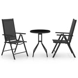 Vidaxl Black Bistro Set - 3 Piece Outdoor Furniture Set With Reclining Chairs, Aluminium, Textilene And Glass, Ideal For Patio, Garden, And Deck