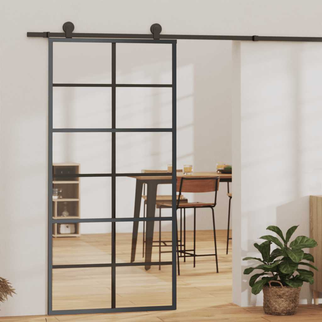 Vidaxl Sliding Door- Esg Glass And Aluminum- Black, 35.4'X80.7' Size, Modern Translucent Design, Silent Soft Stop Mechanism, Easy Assembly, Mounting Accessories Included