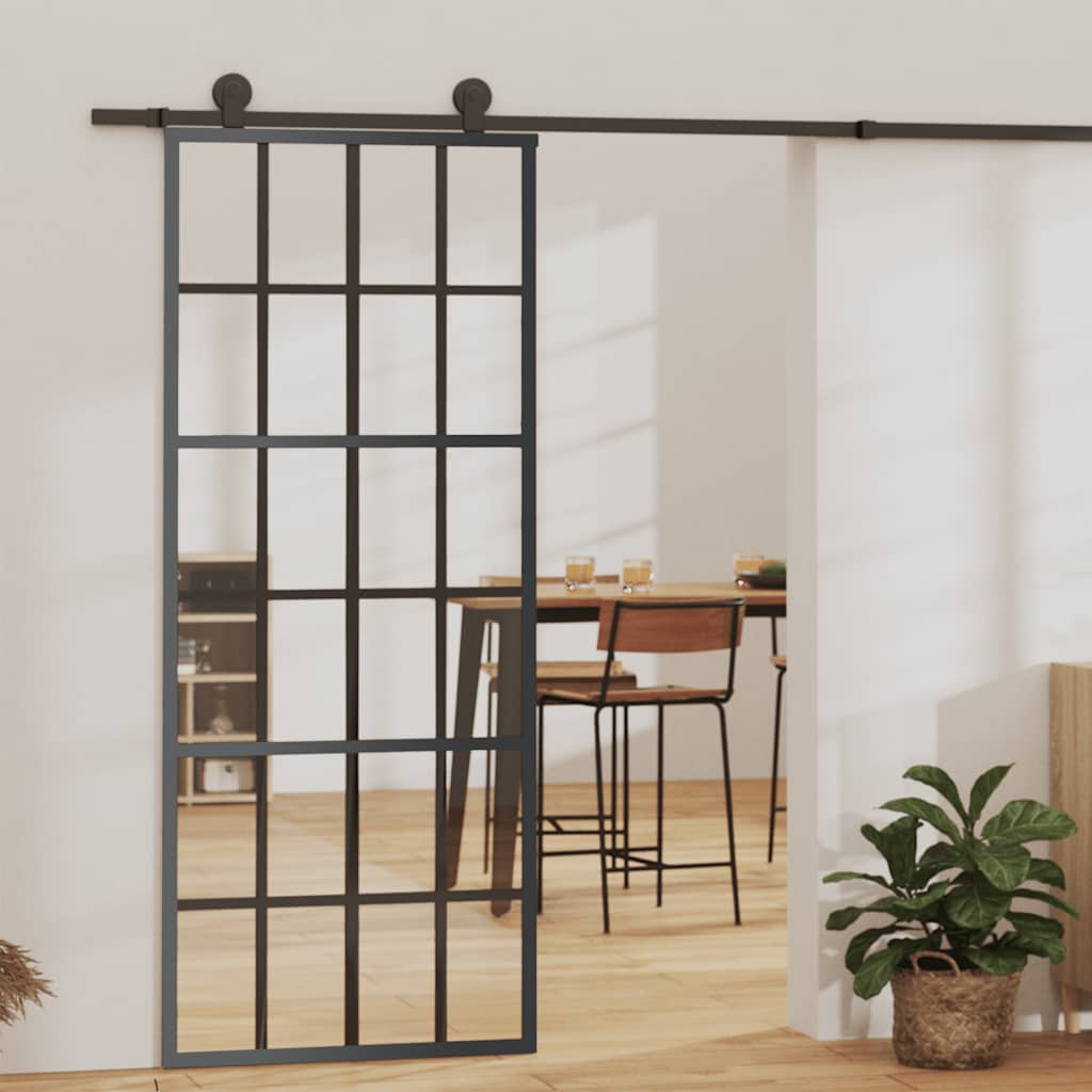 Vidaxl Sliding Door - Glass And Aluminum Construction, Black, 29.9'X80.7', Soft Stop For Quiet Operation, Mounting Accessories Included.
