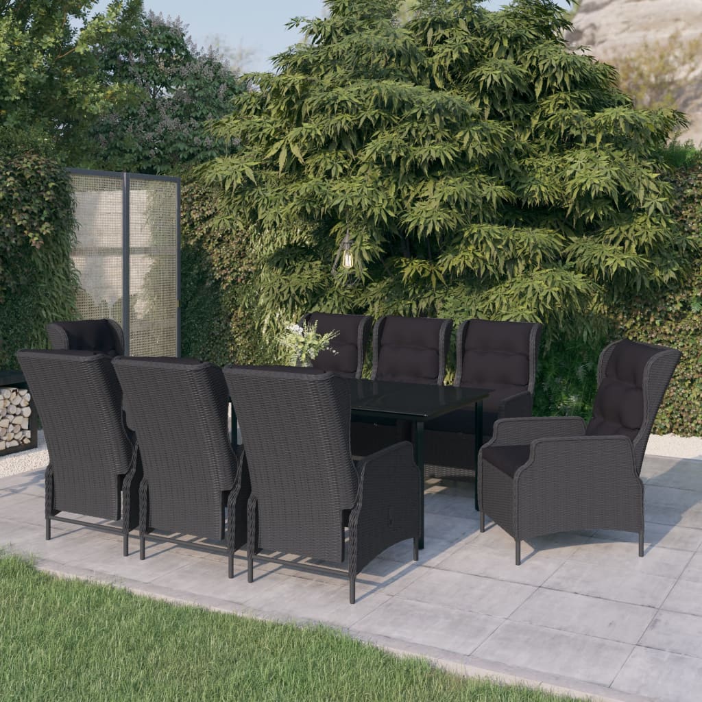 Vidaxl 9 Piece Dark Gray Patio Dining Set With Reclining Chairs And Glass Tabletop - Outdoor Furniture For Garden And Patio