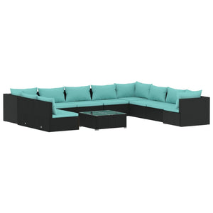 Vidaxl Garden Sofa Set - 11 Piece Patio Lounge Outdoor Furniture With Cushions - Poly Rattan -Water-Resistant - Black And Water Blue
