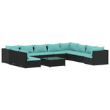 Vidaxl Garden Sofa Set - 11 Piece Patio Lounge Outdoor Furniture With Cushions - Poly Rattan -Water-Resistant - Black And Water Blue