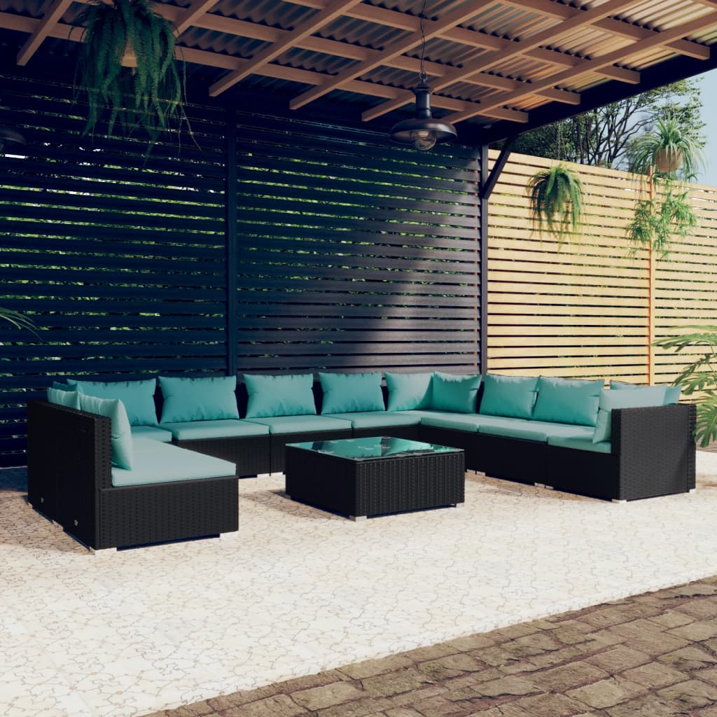 Vidaxl Garden Sofa Set - 11 Piece Patio Lounge Outdoor Furniture With Cushions - Poly Rattan -Water-Resistant - Black And Water Blue