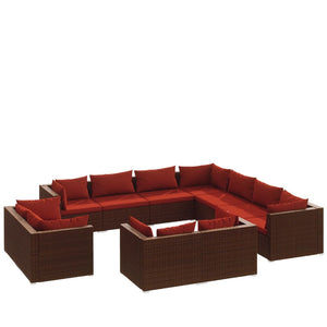 Vidaxl Brown Poly Rattan 11 Piece Patio Lounge Set With Cinnamon Red Cushions - Outdoor Furniture Set For Patio, Garden, Backyard, And Poolside