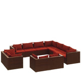 Vidaxl Brown Poly Rattan 11 Piece Patio Lounge Set With Cinnamon Red Cushions - Outdoor Furniture Set For Patio, Garden, Backyard, And Poolside
