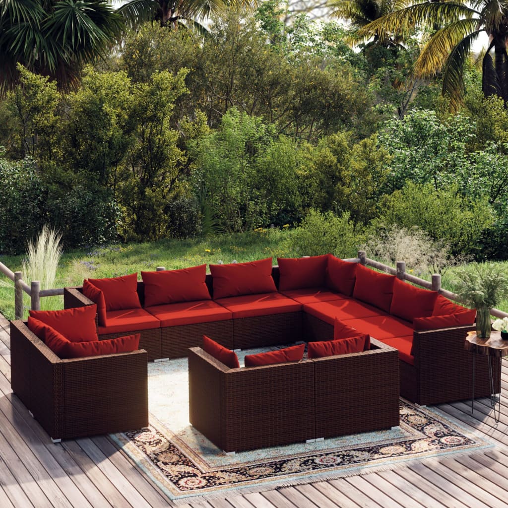 Vidaxl Brown Poly Rattan 11 Piece Patio Lounge Set With Cinnamon Red Cushions - Outdoor Furniture Set For Patio, Garden, Backyard, And Poolside