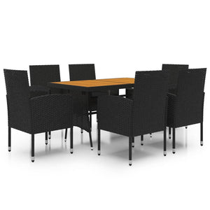 Vidaxl Black Poly Rattan 7 Piece Patio Dining Set With Comfortable Cushioned Chairs And Solid Acacia Wood Table – Outdoor Furniture