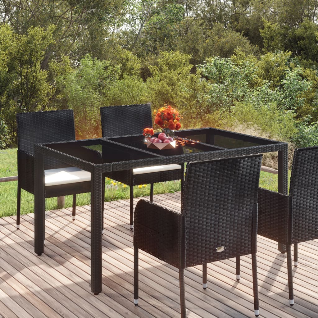 Vidaxl Patio Dining Table With Glass Top - Outdoor Furniture, Poly Rattan Design, Stylish Black Finish, Easy To Assemble, Weather-Resistant, Durable And Stable, Size: 59.1'X35.4'X29.5'