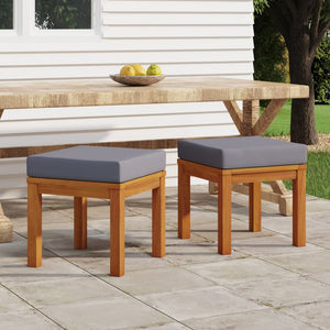 Vidaxl Solid Acacia Wood Patio Stools With Cushions - Set Of 2 - Durable Outdoor Furniture - Grey Cushions Included - Easy Assembly - 15.7'X15.7'X16.5'