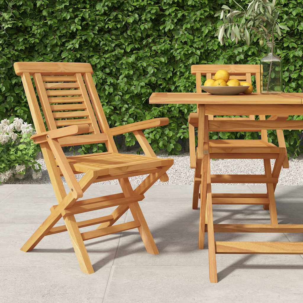 Vidaxl Solid Teak Wood Brown Folding Patio Chairs – Set Of 2, Garden Seating With Armrest & Backrest, Water-Resistant Outdoor Furniture
