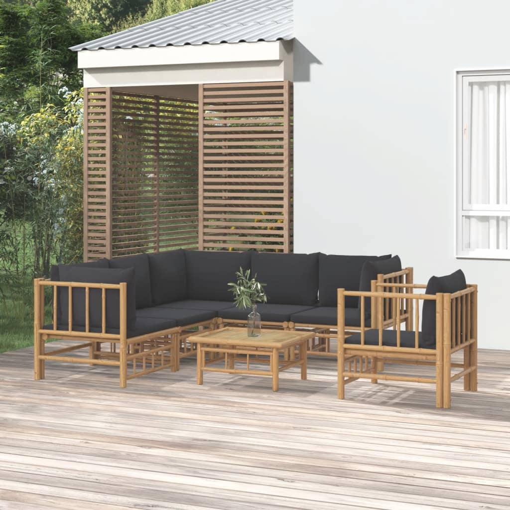 Vidaxl 7 Piece Patio Lounge Set With Soft Dark Gray Cushions, Bamboo, Outdoor Furniture With Practical Table, Comfortable Cushioned Seats, Flexible Configurations