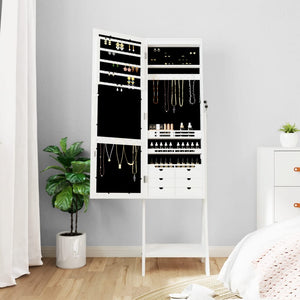 Vidaxl Led Mirror Jewelry Cabinet - Free Standing, Lockable, Engineered Wood, Full-Length Mirror, Eiffel Tower Legs - Convenient Organized Jewelry And Accessories Storage In White