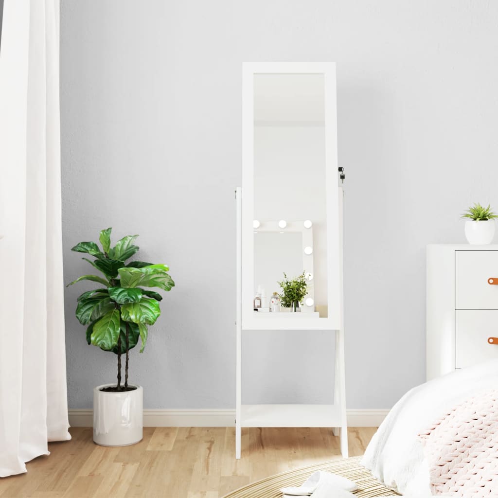 Vidaxl Led Mirror Jewelry Cabinet - Free Standing, Lockable, Engineered Wood, Full-Length Mirror, Eiffel Tower Legs - Convenient Organized Jewelry And Accessories Storage In White