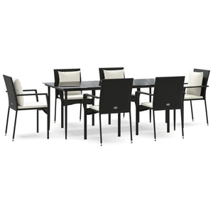 Vidaxl 7 Piece Patio Dining Set With Cushions, Black Poly Rattan, Outdoor Furniture With Weather-Resistant Material, Modular Design, Comfortable Seating, Tempered Glass Top Table