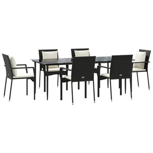 Vidaxl 7 Piece Patio Dining Set With Cushions, Black Poly Rattan, Outdoor Furniture With Weather-Resistant Material, Modular Design, Comfortable Seating, Tempered Glass Top Table