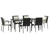 Vidaxl 7 Piece Patio Dining Set With Cushions, Black Poly Rattan, Outdoor Furniture With Weather-Resistant Material, Modular Design, Comfortable Seating, Tempered Glass Top Table