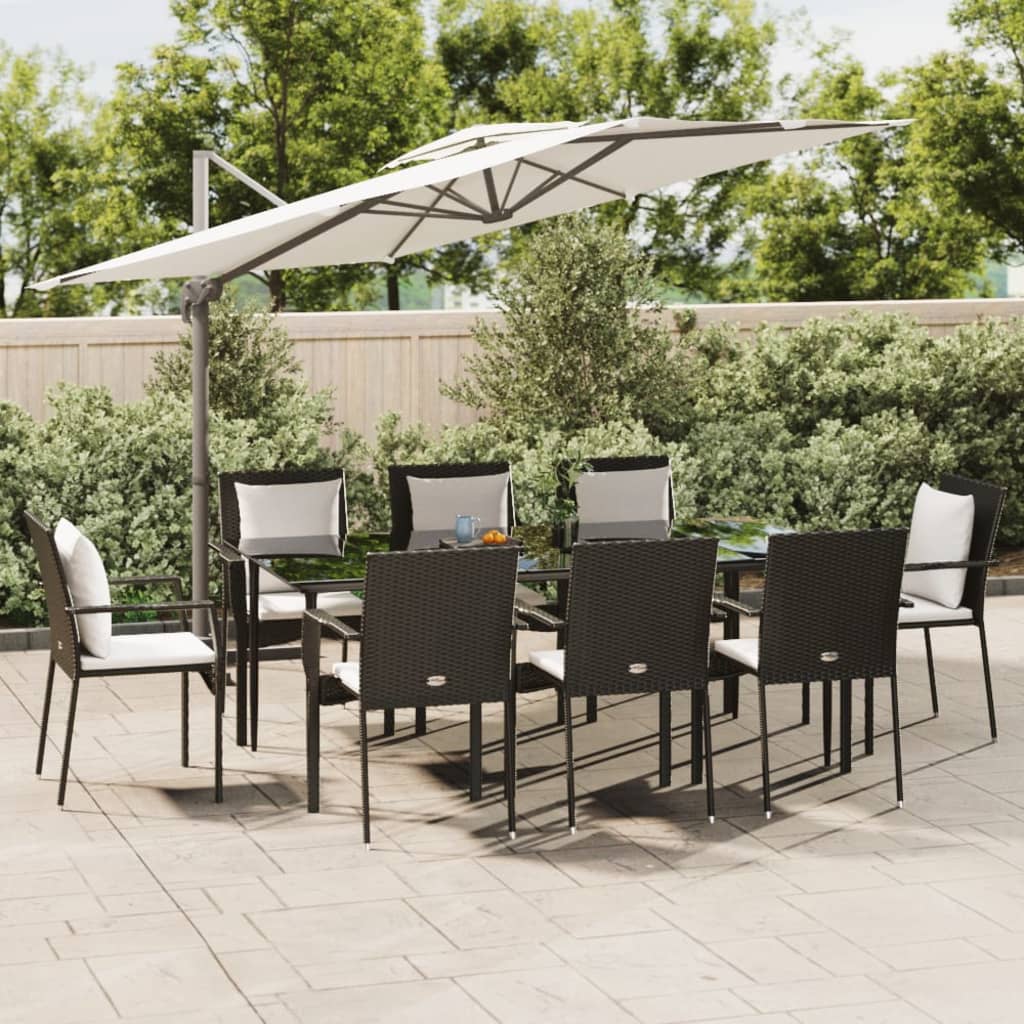 Vidaxl 7 Piece Patio Dining Set With Cushions, Black Poly Rattan, Outdoor Furniture With Weather-Resistant Material, Modular Design, Comfortable Seating, Tempered Glass Top Table