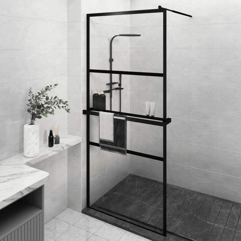 'Vidaxl Walk-In Shower Wall With Shelf, Durable Esg Glass And Aluminum Construction, Adjustable Profile, Practical And Minimalist Design - Black
