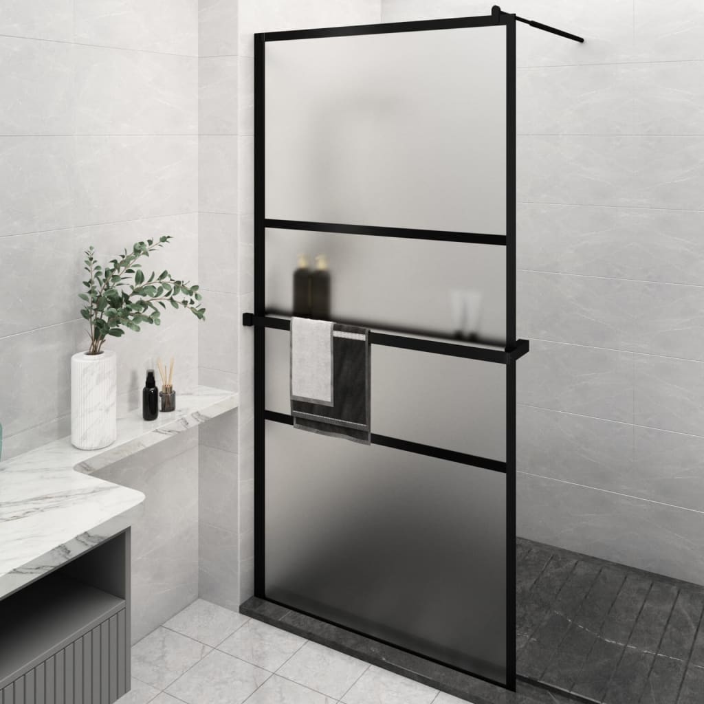 'Vidaxl Walk-In Shower Wall With Shelf - Modern Design, Adjustable Esg Glass And Aluminium Features, Frosted Black Finish