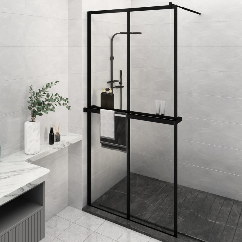 'Vidaxl Walk-In Shower Wall With Shelf | Black Esg Glass & Aluminum| Durability & Aesthetics | Adjustable & Versatile | Minimalist Design| 46.5'X74.8''