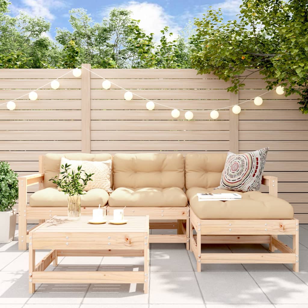 Vidaxl 5-Piece Solid Pine Wood Patio Lounge Set - Outdoor Furniture With Cushions, Modular Sofa, Chairs, Footstools/Table, Beige Comfort