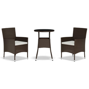 Vidaxl 3-Piece Brown Poly Rattan Patio Bistro Set Includes Cushioned Chairs And Tempered Glass Top Table – Sturdy, Weather-Resistant And Comfortable Outdoor Furniture For Deck, Garden, Lounge Area