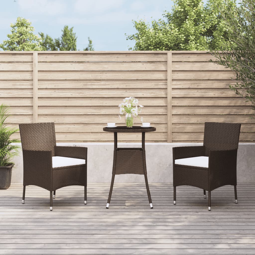 Vidaxl 3-Piece Brown Poly Rattan Patio Bistro Set Includes Cushioned Chairs And Tempered Glass Top Table – Sturdy, Weather-Resistant And Comfortable Outdoor Furniture For Deck, Garden, Lounge Area