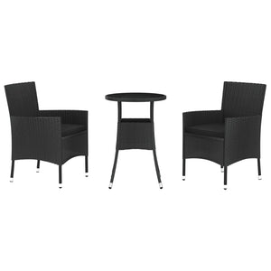 Vidaxl 3 Piece Patio Bistro Set - Black Poly Rattan Outdoor Furniture With Cushions, Powder-Coated Steel Frame, Sturdy Tabletop & Comfortable Design For Patio, Garden & Deck