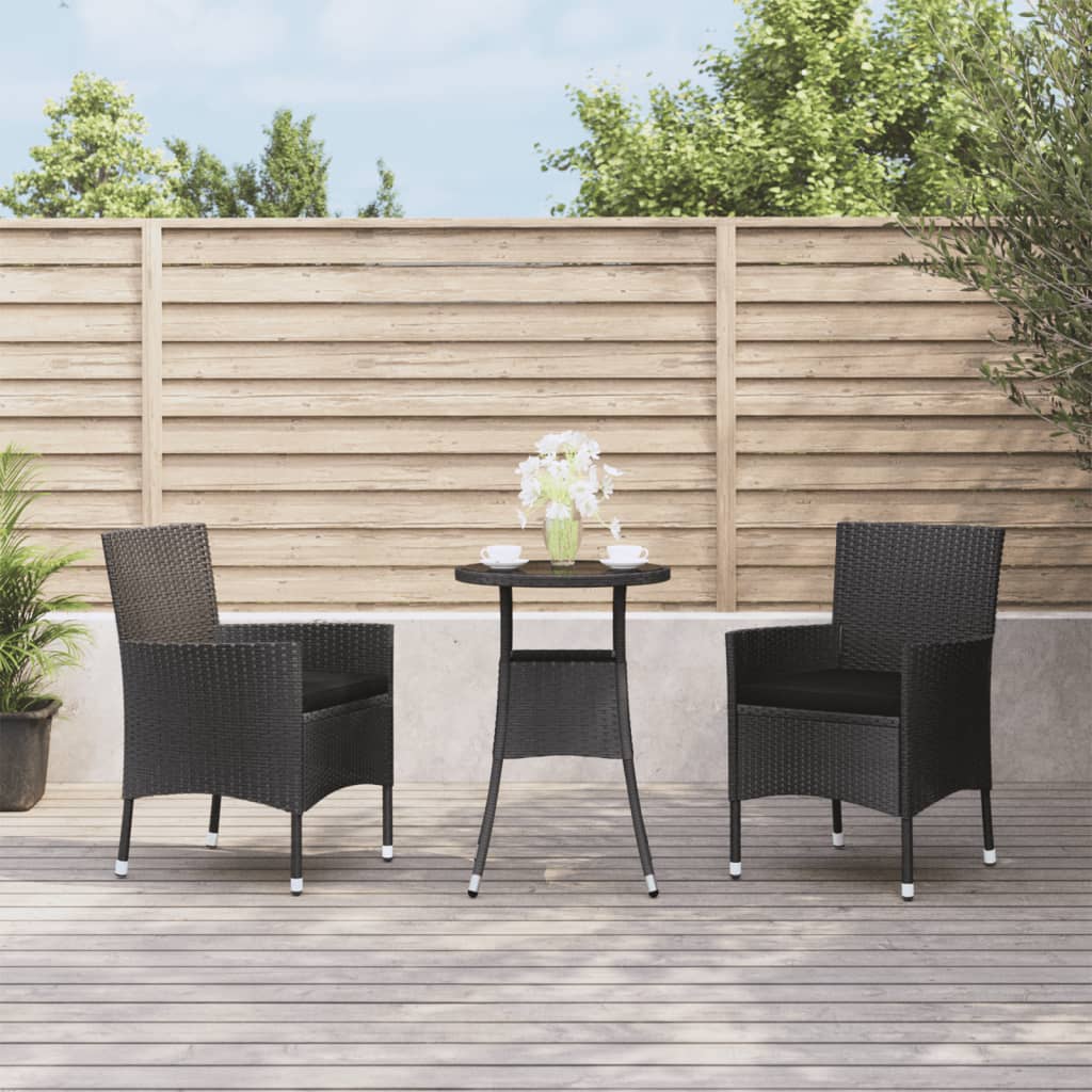 Vidaxl 3 Piece Patio Bistro Set - Black Poly Rattan Outdoor Furniture With Cushions, Powder-Coated Steel Frame, Sturdy Tabletop & Comfortable Design For Patio, Garden & Deck