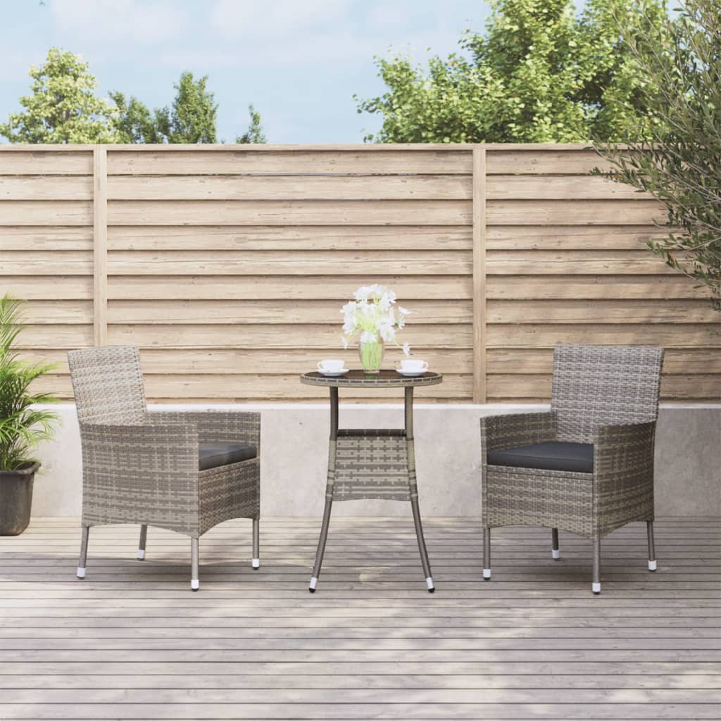Vidaxl 3-Piece Gray Poly Rattan Patio Bistro Set With Cushions - Powder-Coated Steel Frame For Durability, Comfortable Seating With Armrests, Versatile And Stylish Outdoor Furniture Collection